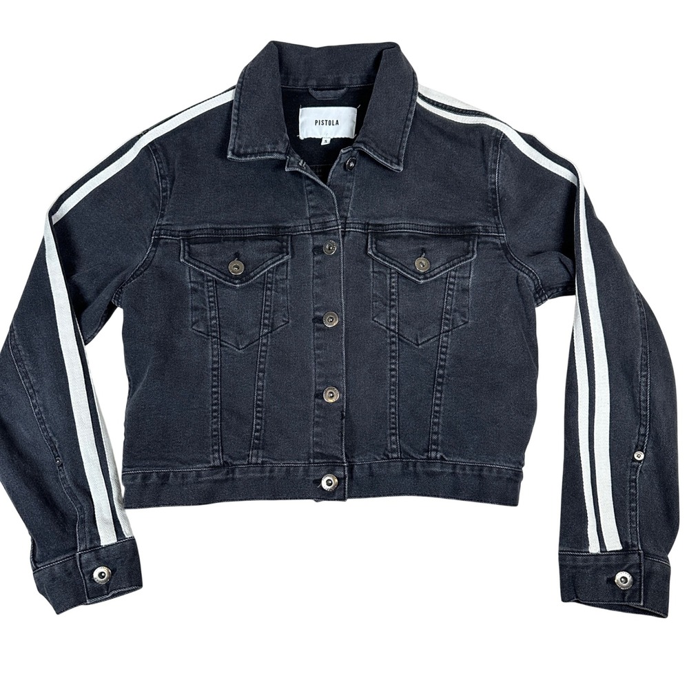 Pistola Womens Black Denim Cropped Jacket Racing Stripe Size S jean white arm